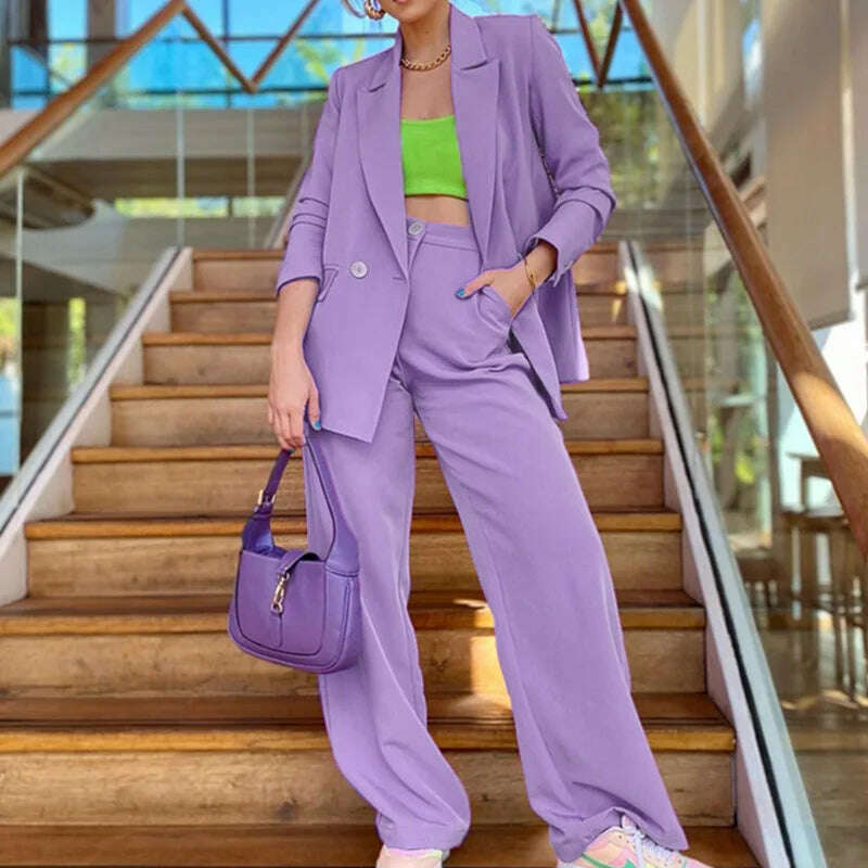 KIMLUD, BAMBOOBOY Spring Autumn Women Blazers Long Pants 2 Piece Set Lady Casual Loose Suit Wide Leg Trousers Solid Outfits Pantsuits, PURPLE / L, KIMLUD APPAREL - Womens Clothes