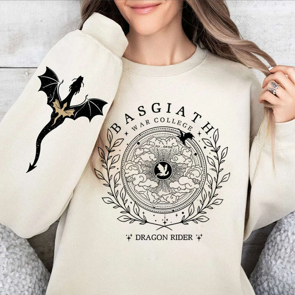 KIMLUD, Basgiath War College Double-side Sweatshirt Fourth Wing Graphic Tee Fly or Die Shirt Vintage Pullover Bookish Hoodie Sweatshirt, Khaki / XL, KIMLUD APPAREL - Womens Clothes