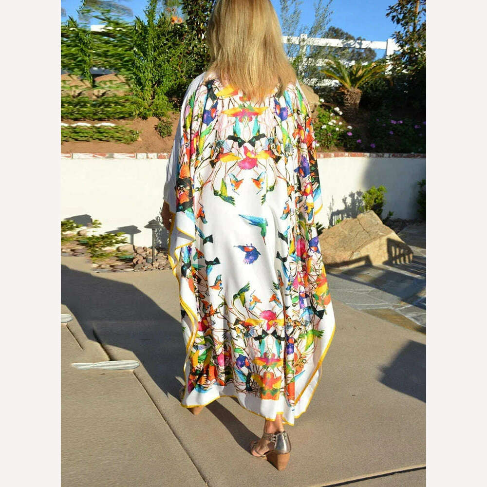 Beach Dresses Bird Bohemian Kaftans for Women 2023 New Loose Bikini Cover Ups Maxi Robe Elegant Bathing Suits - KIMLUD