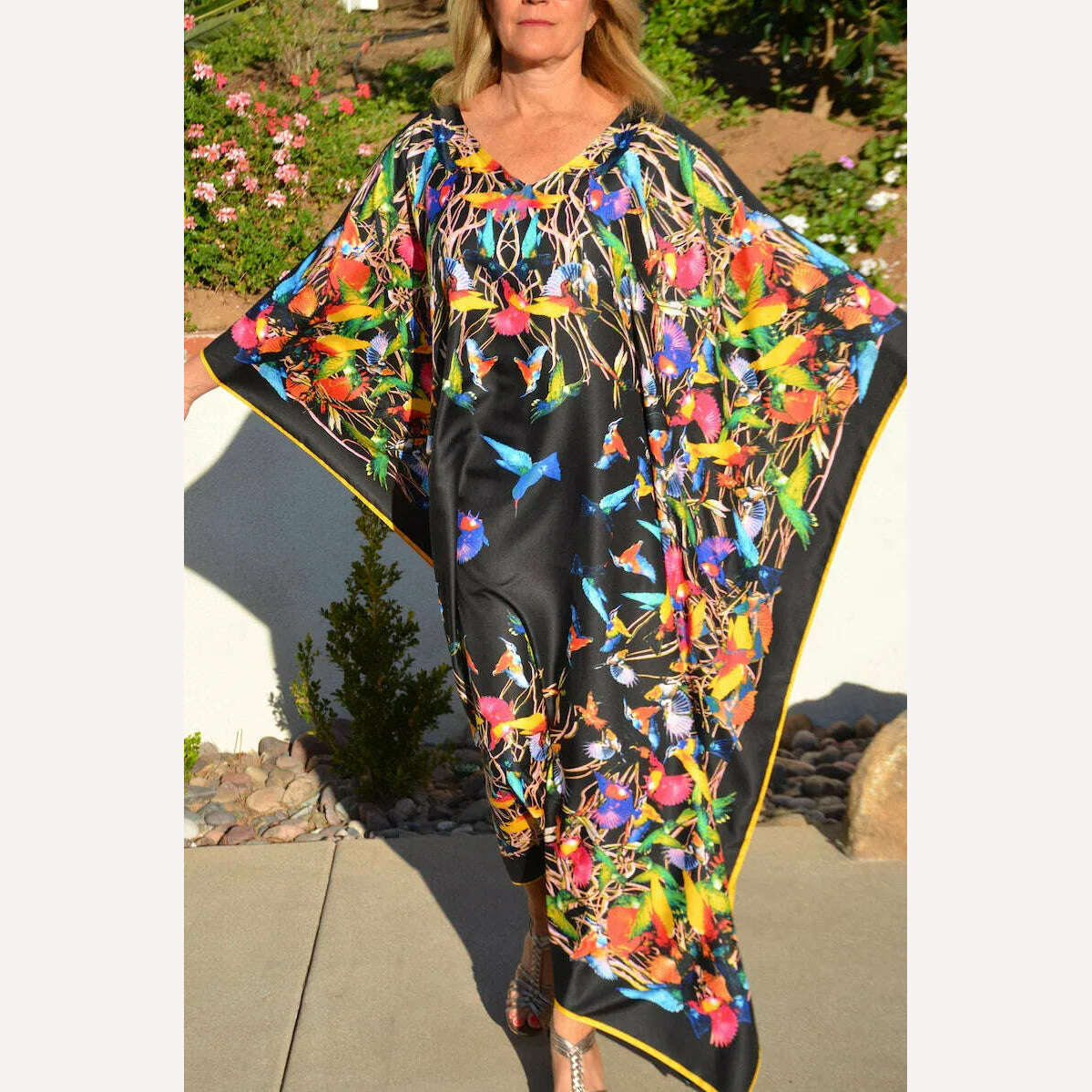 KIMLUD, Beach Dresses Bird Bohemian Kaftans for Women 2023 New Loose Bikini Cover Ups Maxi Robe Elegant Bathing Suits, black printed kaftan / One Size, KIMLUD Womens Clothes