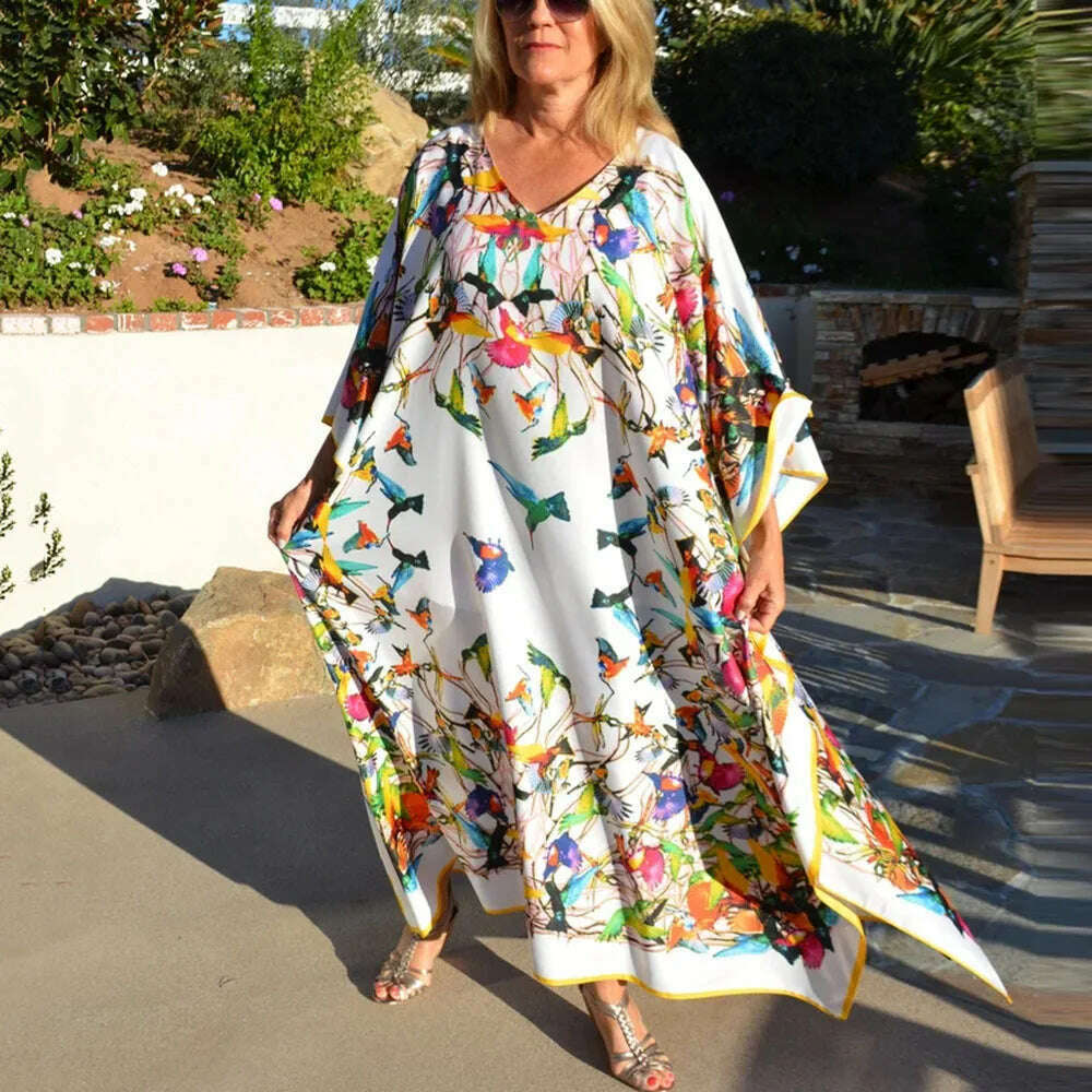 Beach Dresses Bird Bohemian Kaftans for Women 2023 New Loose Bikini Cover Ups Maxi Robe Elegant Bathing Suits - KIMLUD