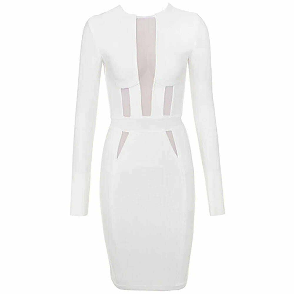 KIMLUD, BEAUKEY Sexy Long Sleeve White Mesh HL Bandage Dress Autumn Spring Winter Bodycon Hollow Out Dress Wholesale XL Maxi Vestidos, KIMLUD Womens Clothes