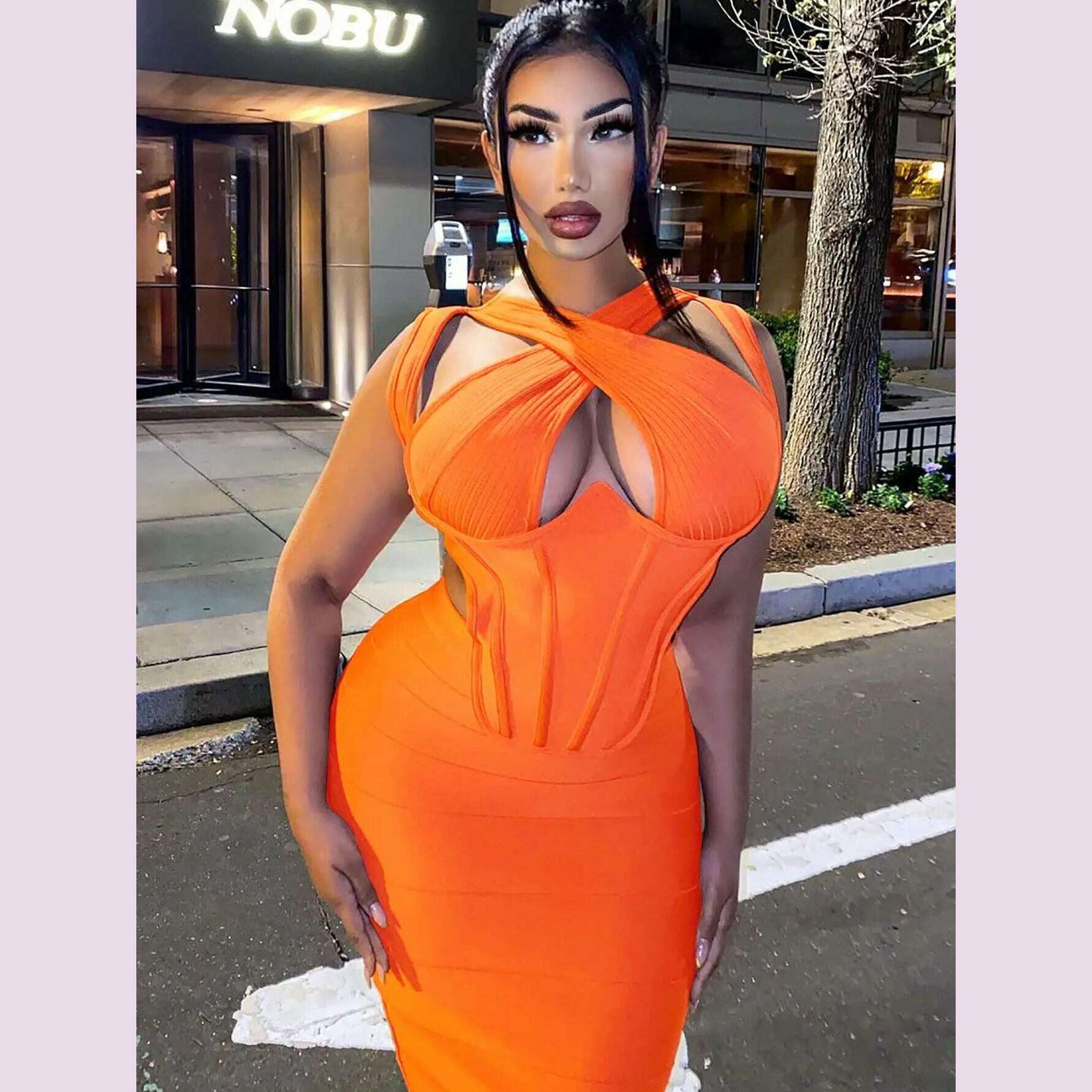 BEAUKEY Sexy Orange Hollow Keyhole Bandage Dress 2023 For Women Black Criss Cross Cut Out Bodycon Dress Halter Party Vestidos - KIMLUD