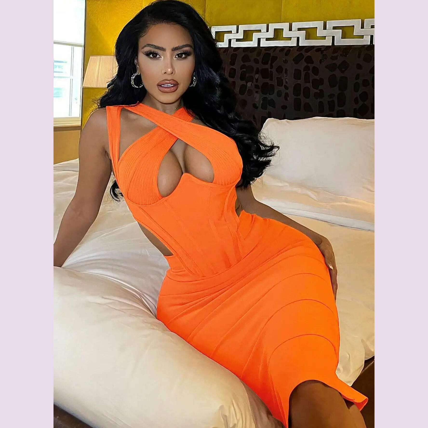 KIMLUD, BEAUKEY Sexy Orange Hollow Keyhole Bandage Dress 2023 For Women Black Criss Cross Cut Out Bodycon Dress Halter Party Vestidos, Orange / XL, KIMLUD APPAREL - Womens Clothes