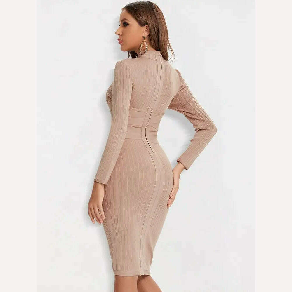 KIMLUD, BEAUKEY Sexy Red Bandage Dress 2023 Nude Turtleneck Long Sleeves Office Bodycon Dress Cross Criss Women Midi Vestidos Maxi XL, KIMLUD Womens Clothes