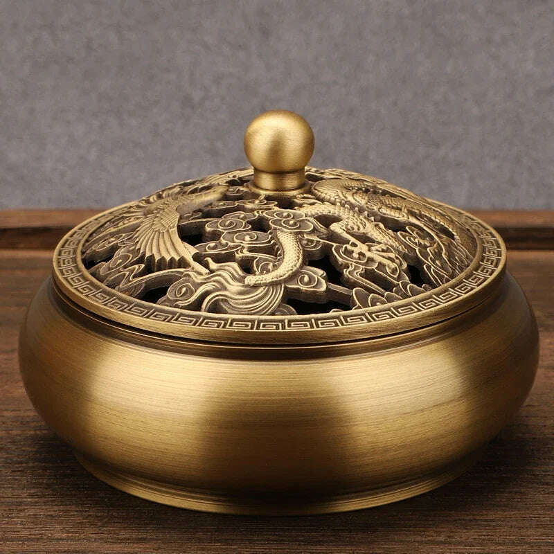 Beautiful Dragon and Phoenix Carved Copper Incense Burner Brass Incense Holder with Cover Sandalwood Round Censer Home Decor - KIMLUD