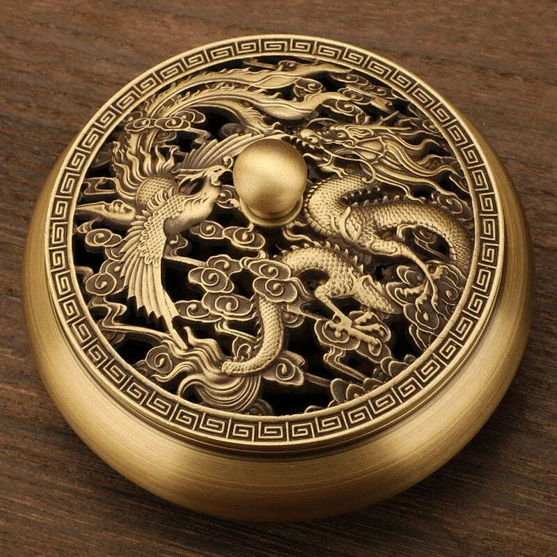 KIMLUD, Beautiful Dragon and Phoenix Carved Copper Incense Burner Brass Incense Holder with Cover Sandalwood Round Censer Home Decor, KIMLUD Womens Clothes