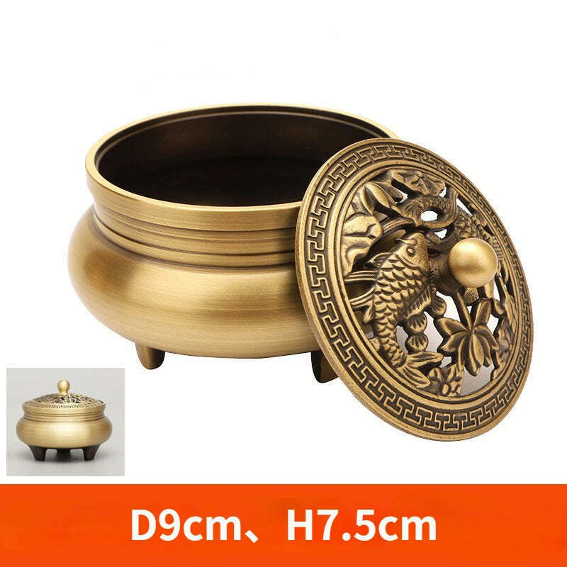 KIMLUD, Beautiful Dragon and Phoenix Carved Copper Incense Burner Brass Incense Holder with Cover Sandalwood Round Censer Home Decor, G, KIMLUD APPAREL - Womens Clothes