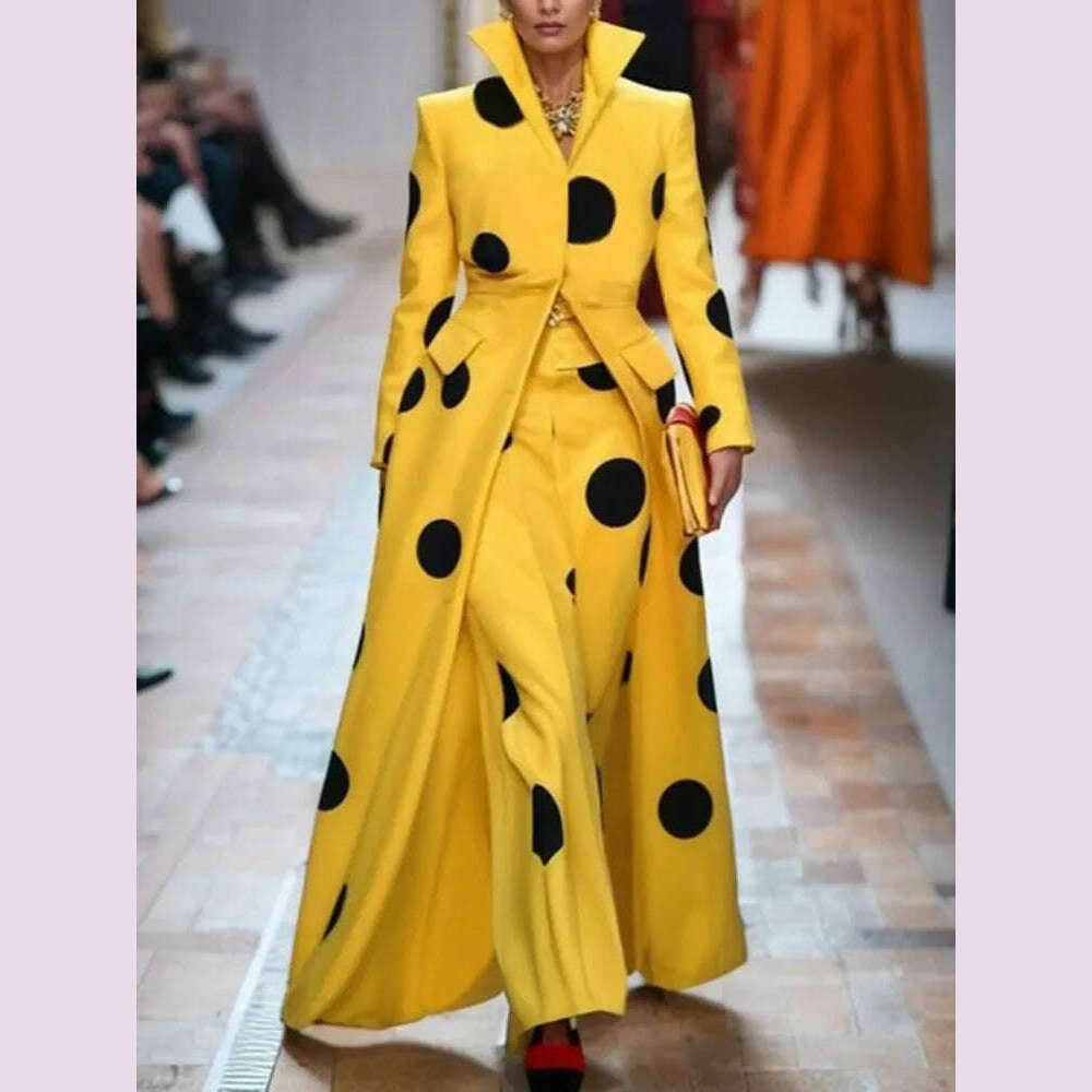 KIMLUD, Beautyblue Polka-Dot Woolen Coat Women's Long Jacket 2025 New Split-Joint Long Sleeves Lapel Elegant Yellow Outerwears Female, Only Coats / S, KIMLUD APPAREL - Womens Clothes