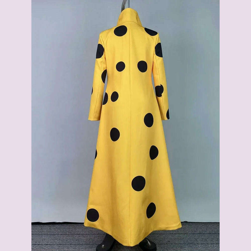 KIMLUD, Beautyblue Polka-Dot Woolen Coat Women's Long Jacket 2025 New Split-Joint Long Sleeves Lapel Elegant Yellow Outerwears Female, KIMLUD Womens Clothes