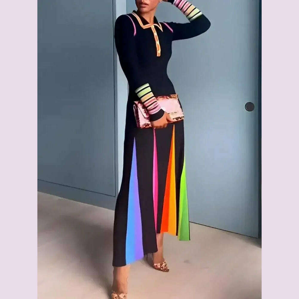 KIMLUD, Beautyblue Skinny Maxi Dresses Elegant Printed Dress for Women Long Sleeves Buttoned Lapel New Fashion Evening Party Long Robes, KIMLUD Womens Clothes