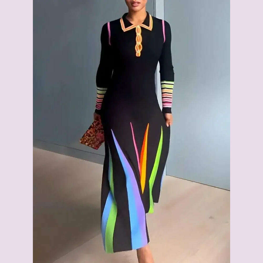 KIMLUD, Beautyblue Skinny Maxi Dresses Elegant Printed Dress for Women Long Sleeves Buttoned Lapel New Fashion Evening Party Long Robes, KIMLUD Womens Clothes