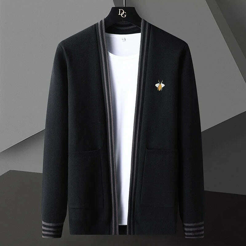 KIMLUD, Bee Embroidery Men&#39;s Sweater Cardigan Korean Casual Coat Elegant Men Sweater 2021 Autumn Coat Trend Abrigo Hombre Men Clothing, KIMLUD Womens Clothes