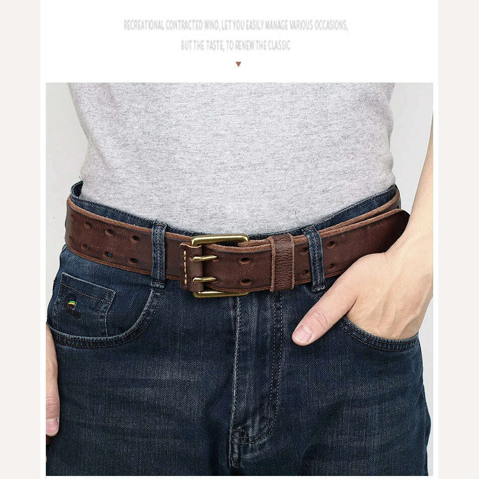 KIMLUD, Belt For Men Leather Work Heavy Duty Double Buckles Dlawed Genuine Leather 3.8cm Male Copper Buckle Retro Brown  Men's Belt, KIMLUD Womens Clothes