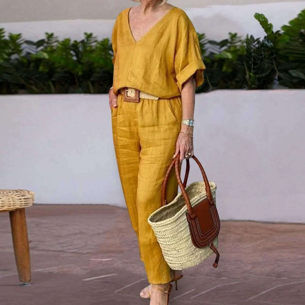 KIMLUD, Beltless V-neck Short-sleeved Top + Nine-point Pants 2-piece Set For Women Fashion Summer Solid Color Loose Office Suit Female, Yellow / XXXL, KIMLUD APPAREL - Womens Clothes