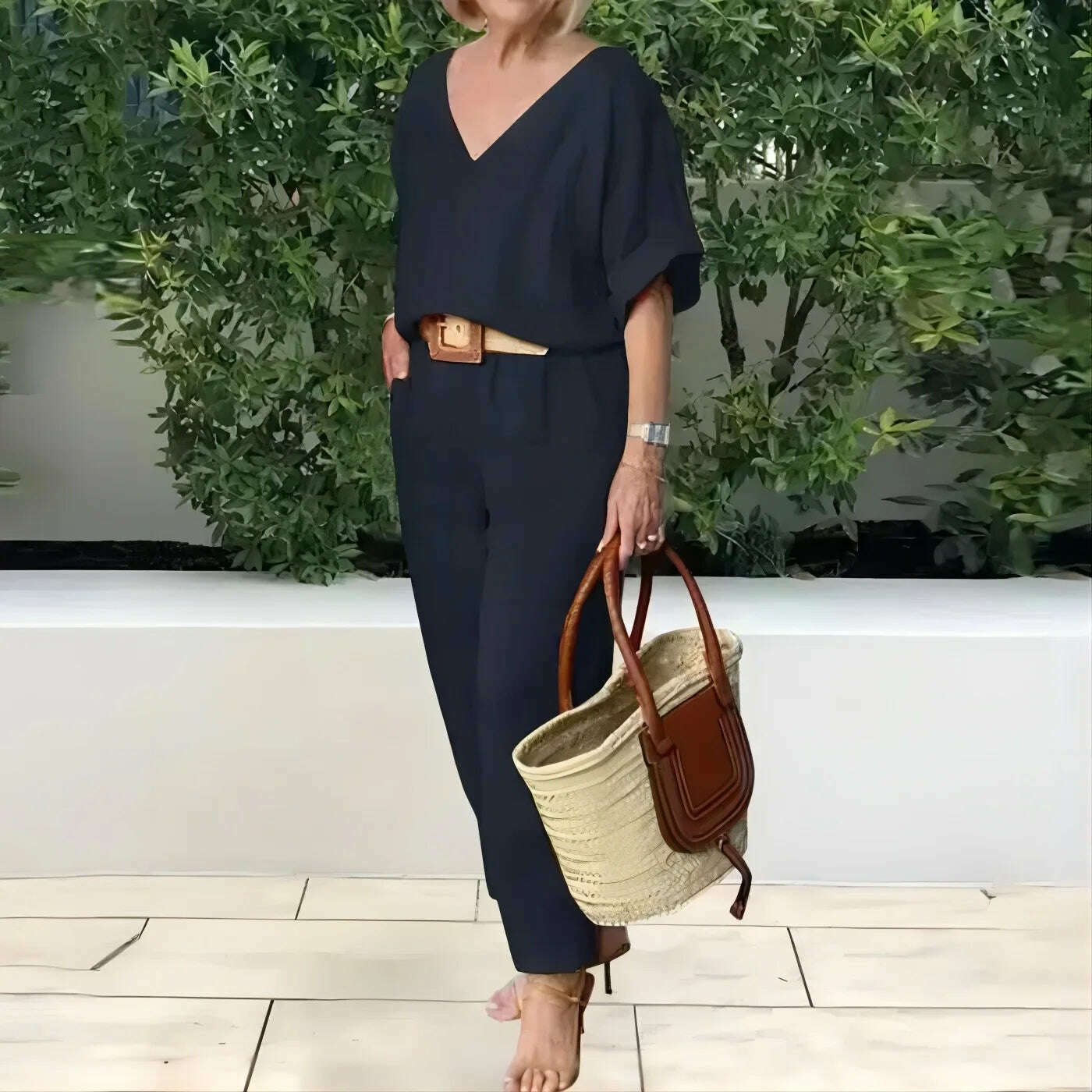 KIMLUD, Beltless V-neck Short-sleeved Top + Nine-point Pants 2-piece Set For Women Fashion Summer Solid Color Loose Office Suit Female, Navy Blue / M, KIMLUD APPAREL - Womens Clothes