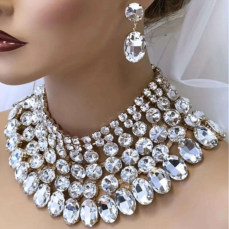 KIMLUD, Best Lady 3 Pc Luxurious Exaggerated Style Full of Rhinestone Necklace Earrings Set For Birthday Parties Multiple Color Options, KIMLUD Womens Clothes