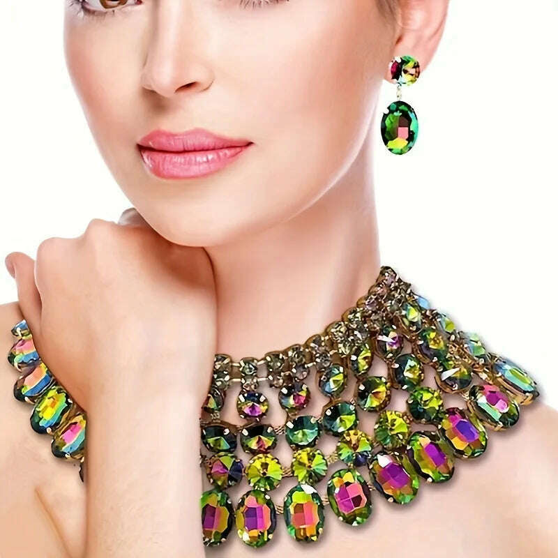 Best Lady 3 Pc Luxurious Exaggerated Style Full of Rhinestone Necklace Earrings Set For Birthday Parties Multiple Color Options - KIMLUD