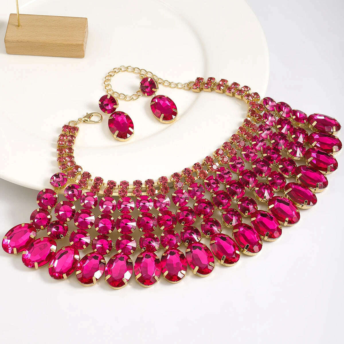 KIMLUD, Best Lady 3 Pc Luxurious Exaggerated Style Full of Rhinestone Necklace Earrings Set For Birthday Parties Multiple Color Options, KIMLUD Womens Clothes