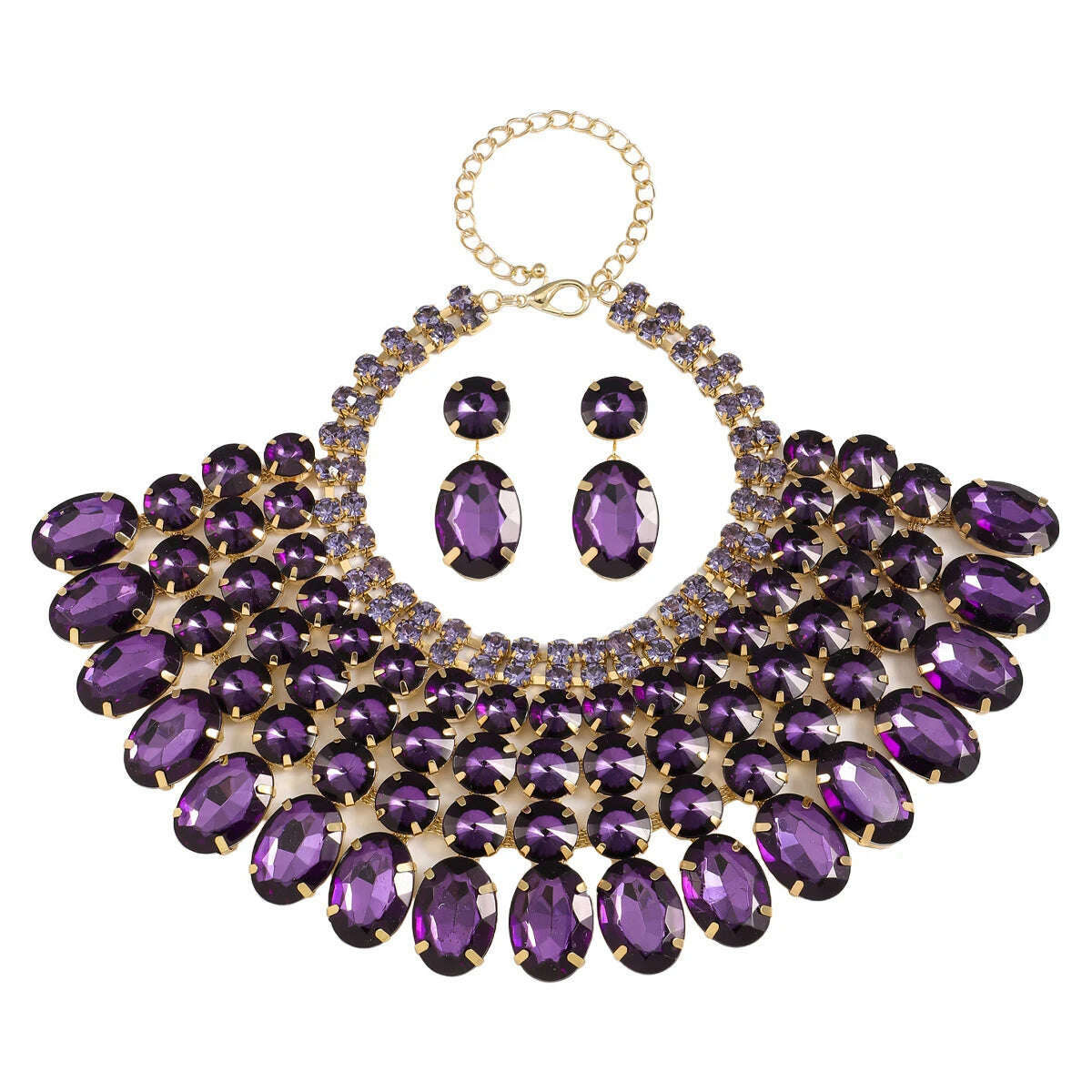 KIMLUD, Best Lady 3 Pc Luxurious Exaggerated Style Full of Rhinestone Necklace Earrings Set For Birthday Parties Multiple Color Options, Purple, KIMLUD APPAREL - Womens Clothes