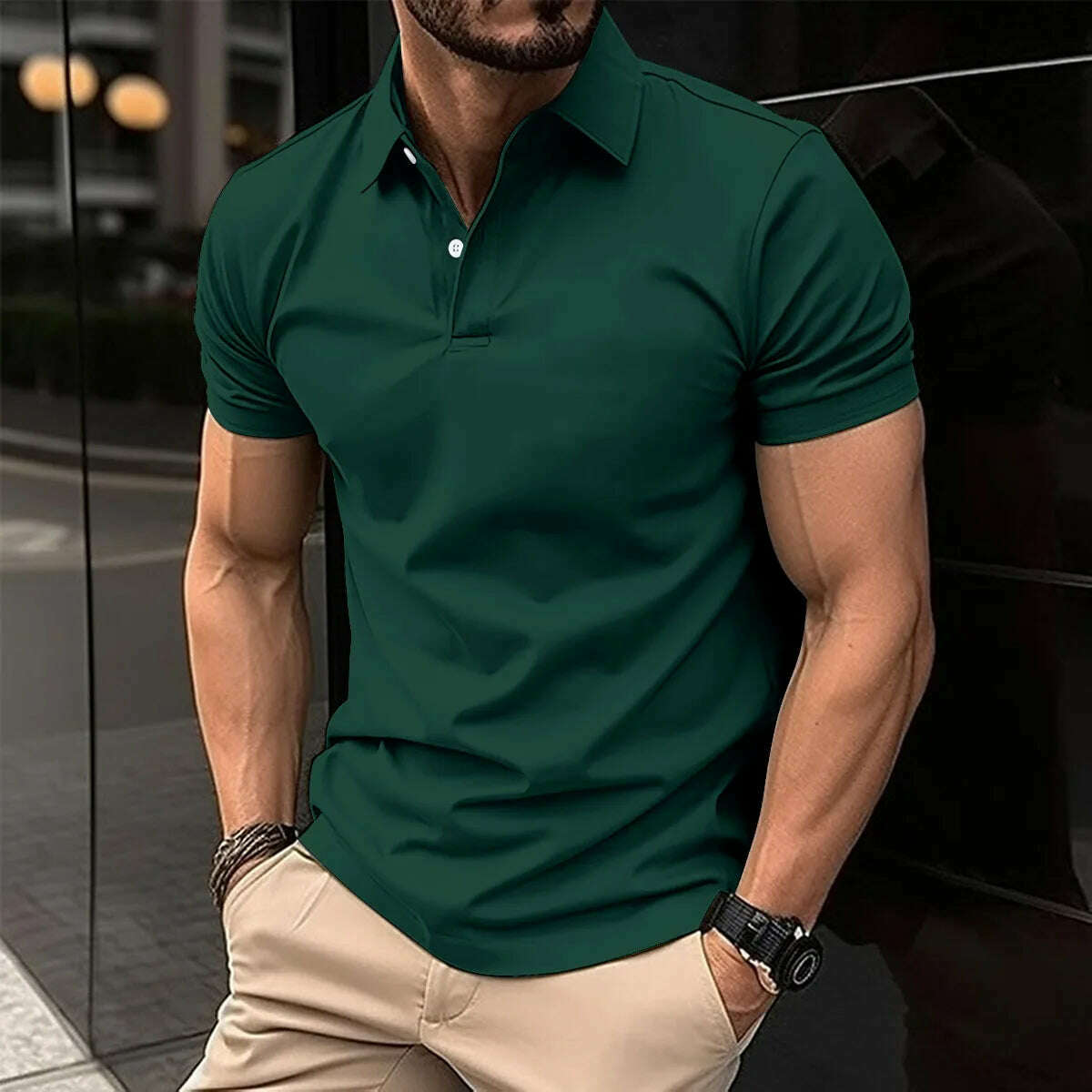 KIMLUD, Best Selling Men Short Sleeve Polo Shirt Turn Down Collar Button Pure Color Top Polo Shirt Summer Casual Comfort Men's Clothing, Dark green / XXXL, KIMLUD Womens Clothes