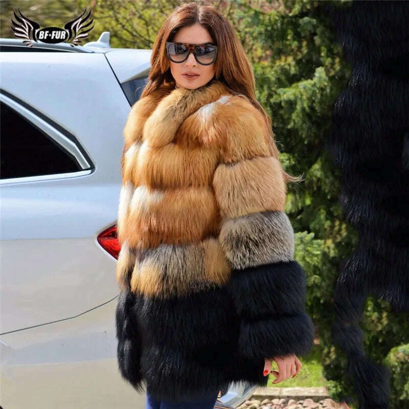 KIMLUD, BFFUR 2022 Fashion Real Fox Fur Coats For Women High Qulaity Whole Skin Natural Genuine Fox Fur Coat Stand Collar Woman Overcoat, KIMLUD Womens Clothes