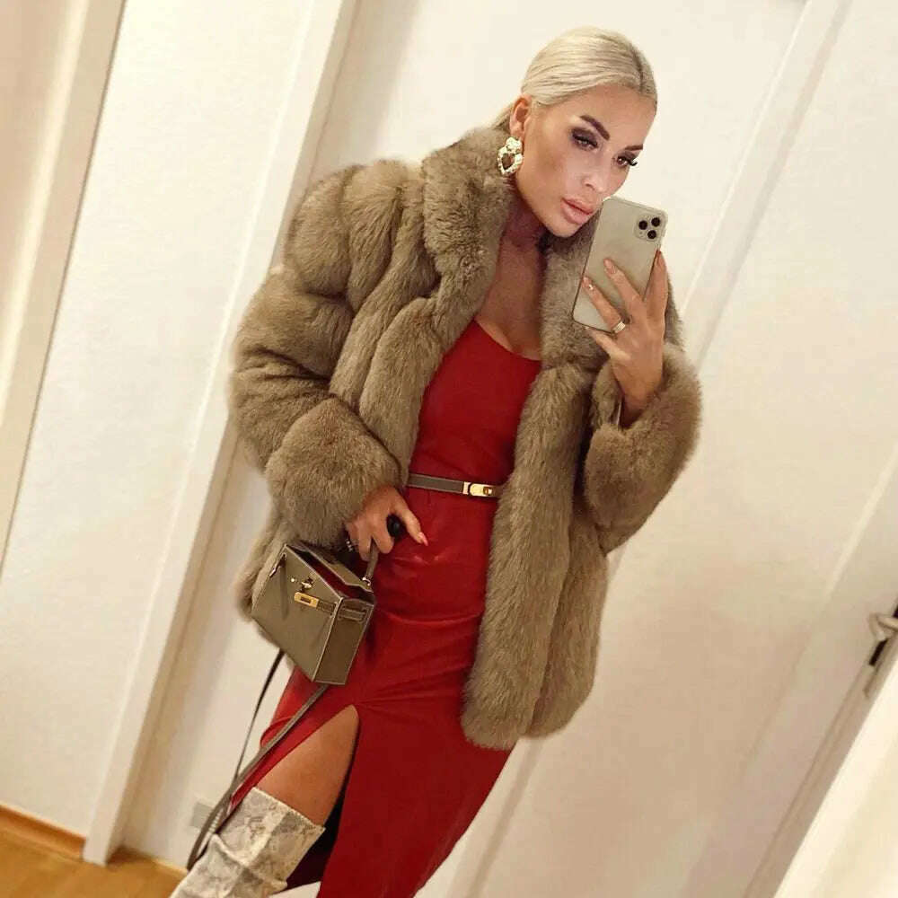 KIMLUD, BFFUR 70cm Long Real Fox Fur Jacket For Women Winter Outwear Fashion New Light Khaki Natural Fox Fur Coat With Lapel Collar, KIMLUD Womens Clothes