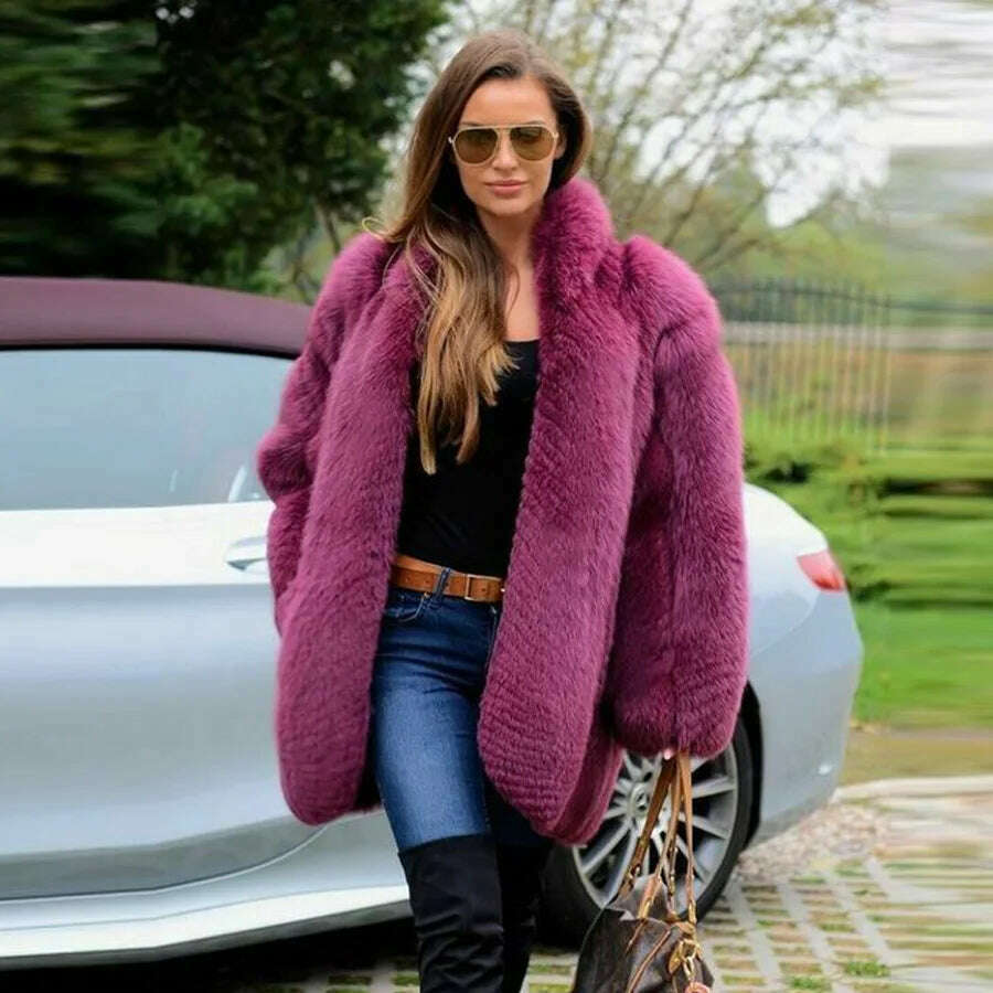 KIMLUD, BFFUR Fashion Purple Natural Fox Fur Coat Women Winter 2022 New Whole Skin Fox Fur Jackets Medium Length Thick Warm Fur Overcoat, KIMLUD Womens Clothes