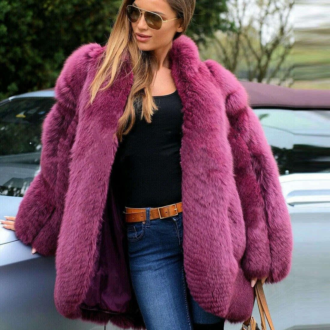 KIMLUD, BFFUR Fashion Purple Natural Fox Fur Coat Women Winter 2022 New Whole Skin Fox Fur Jackets Medium Length Thick Warm Fur Overcoat, KIMLUD Womens Clothes