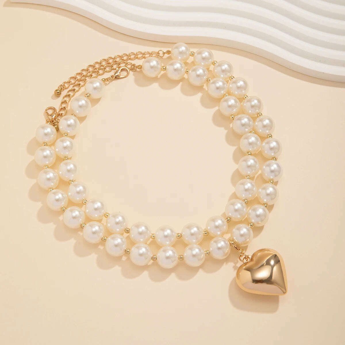 KIMLUD, Big Imitation Pearl Beads Layered Chains with Heart Pendant Necklace for Women Trendy Wedding Ladies Accessories on Neck Fashion, KIMLUD Womens Clothes