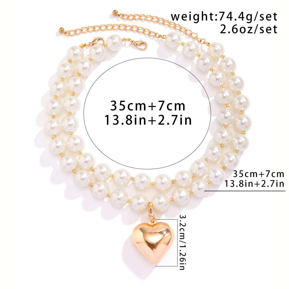 KIMLUD, Big Imitation Pearl Beads Layered Chains with Heart Pendant Necklace for Women Trendy Wedding Ladies Accessories on Neck Fashion, KIMLUD Womens Clothes