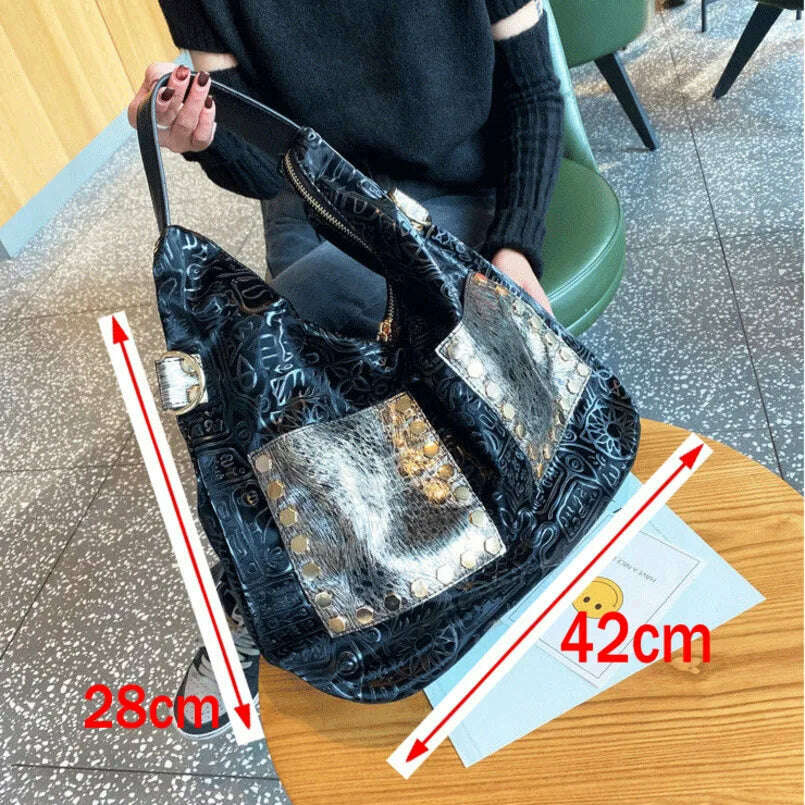 KIMLUD, Big Pocket Leather Women Luxury Handbag 2021 Retro Rivet It Shoulder Bag High-end Brand Golden Color Sequins Durable Travel BagS, KIMLUD Womens Clothes