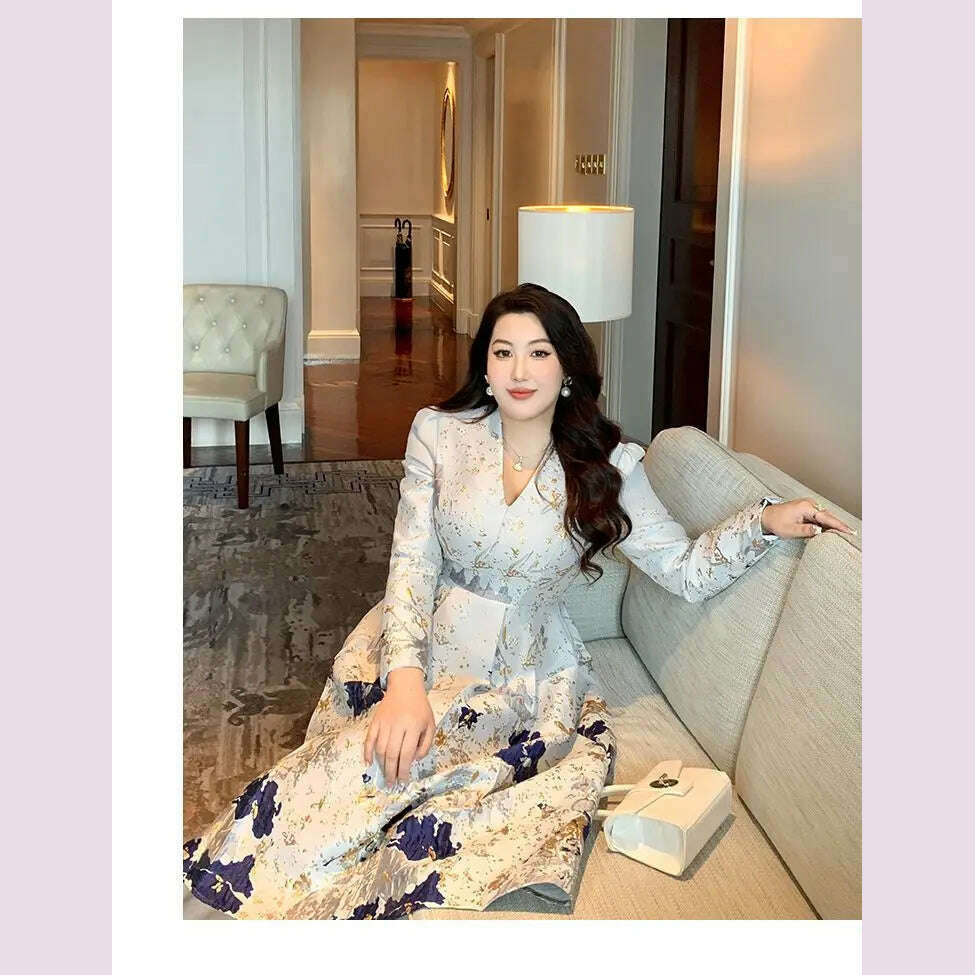 Big Size Spring Summer Jacquard Dress Occasion V-Neck Brocade Dress Women Long Sleeve Party Evening Clothing Mid-Calf Ball Gown - KIMLUD