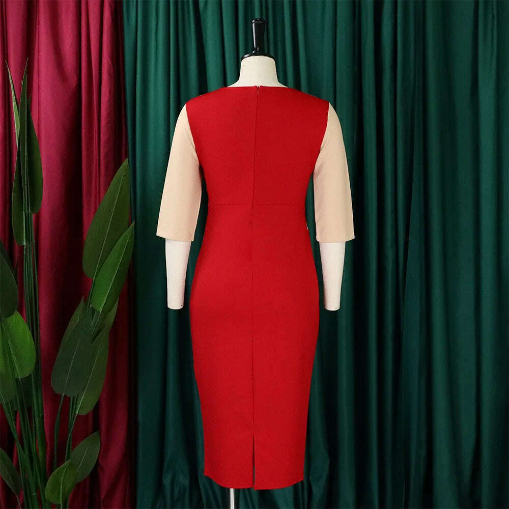 KIMLUD, Big size women 2024 new fashion temperament commuter five-quarter sleeve color matching buttock dress, KIMLUD Womens Clothes