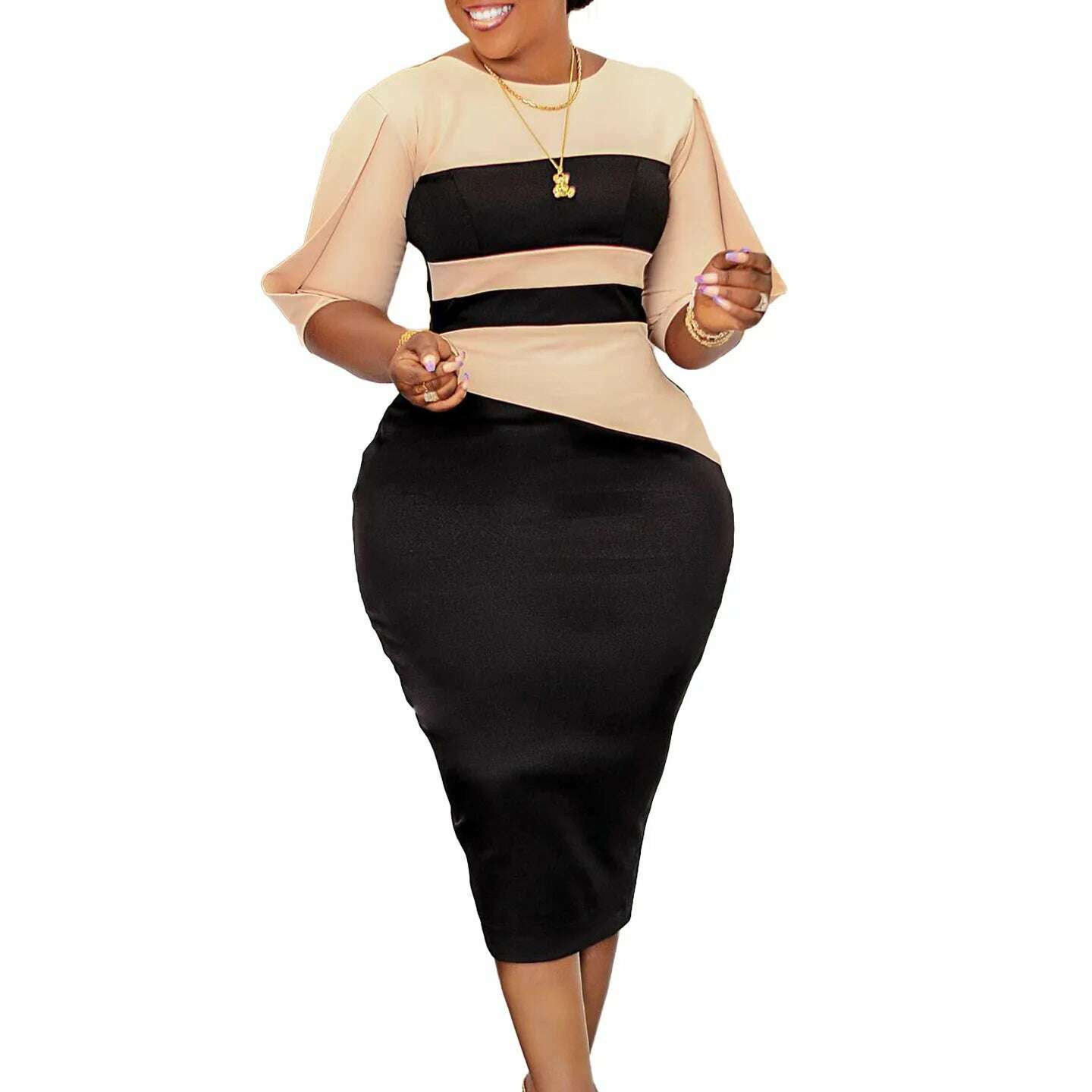 KIMLUD, Big size women 2024 new fashion temperament commuter five-quarter sleeve color matching buttock dress, KIMLUD Womens Clothes