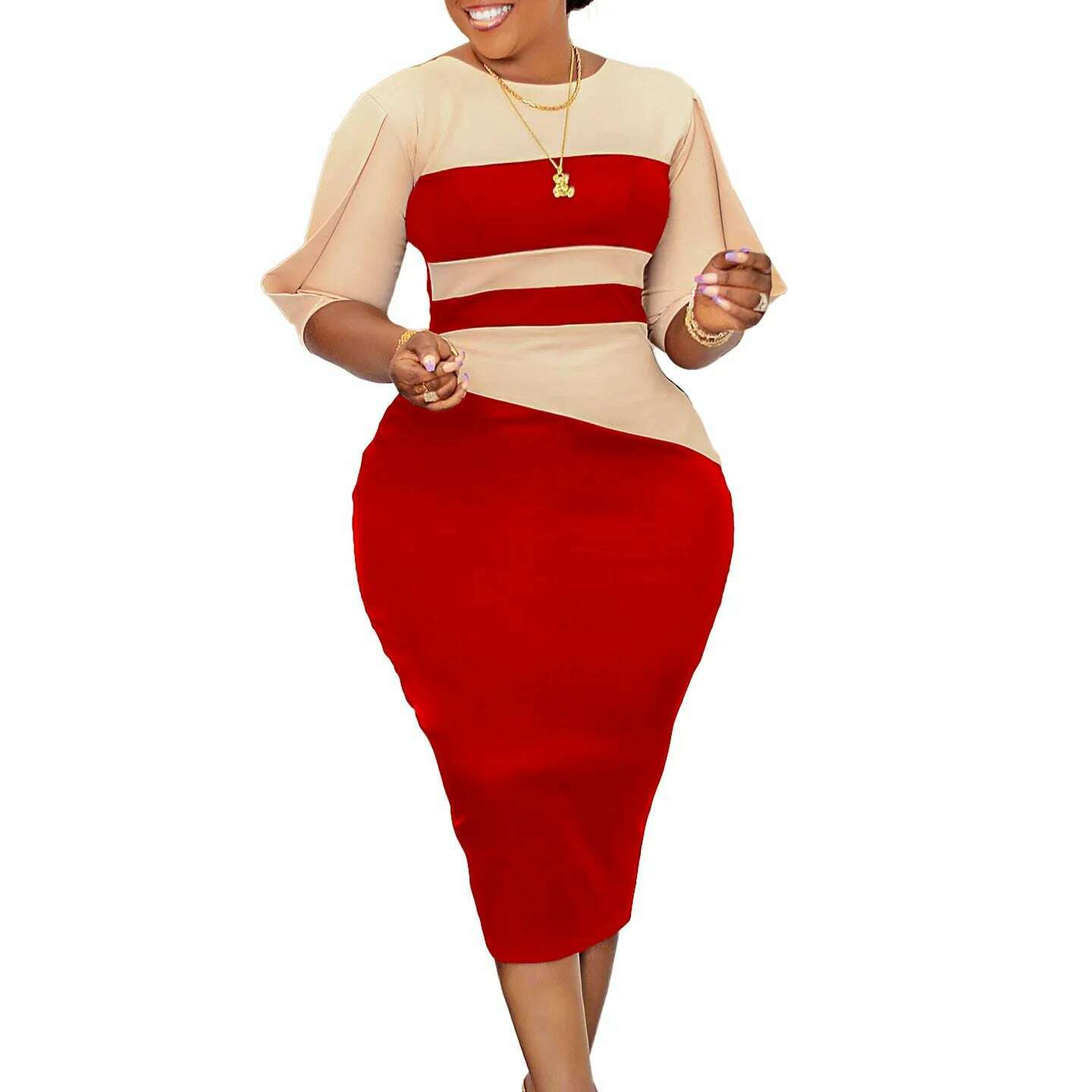KIMLUD, Big size women 2024 new fashion temperament commuter five-quarter sleeve color matching buttock dress, KIMLUD Womens Clothes