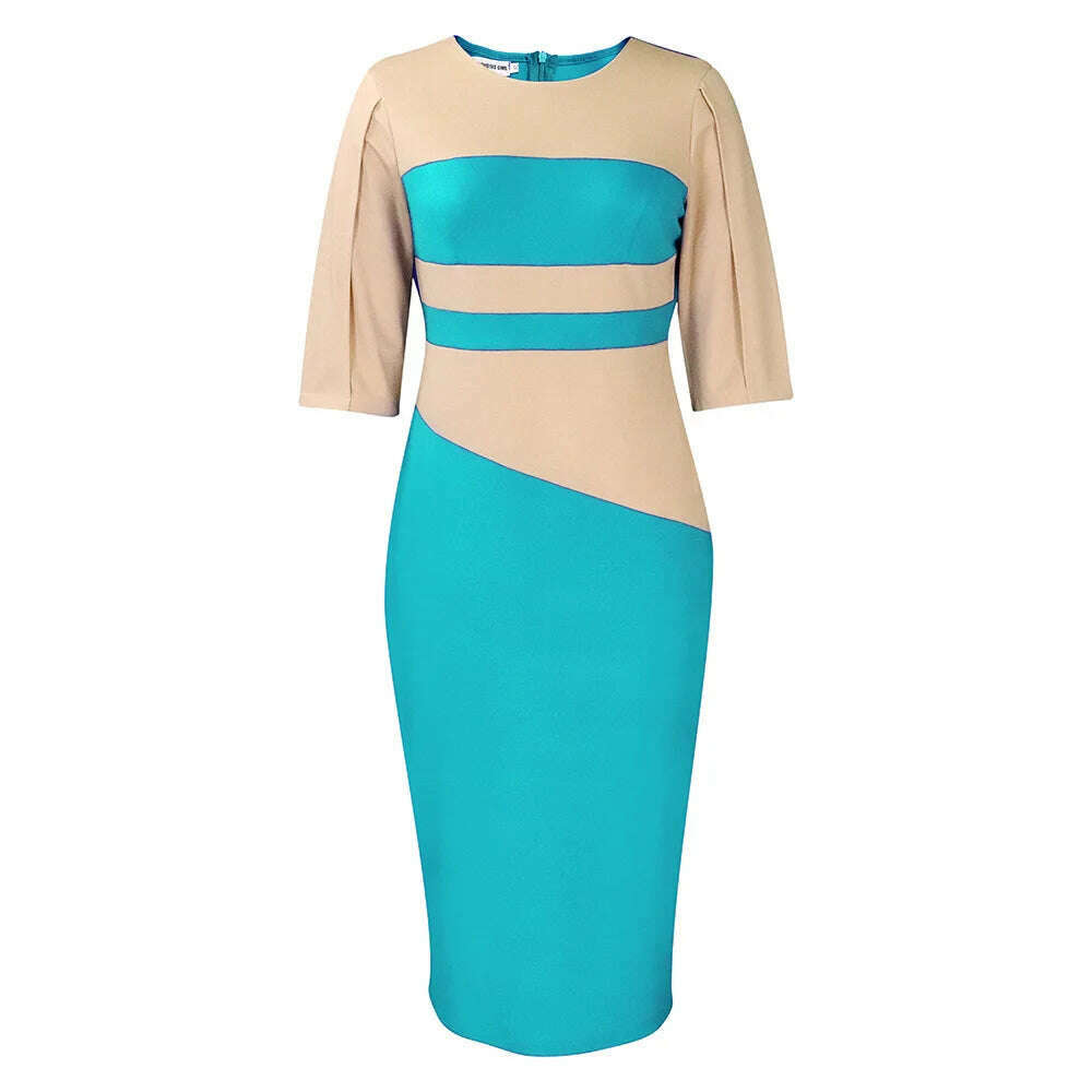 KIMLUD, Big size women 2024 new fashion temperament commuter five-quarter sleeve color matching buttock dress, Lake Blue / XXXL, KIMLUD APPAREL - Womens Clothes