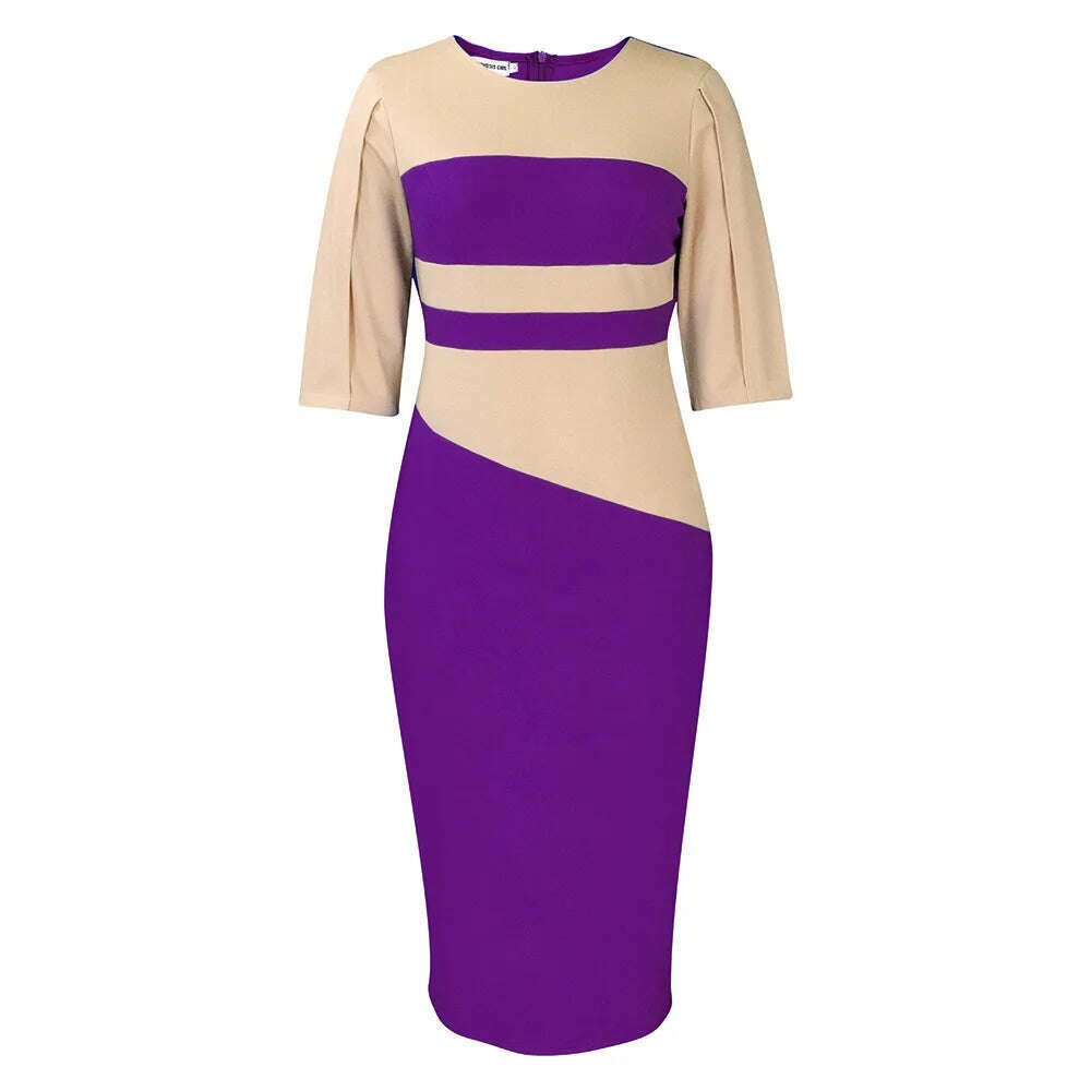 KIMLUD, Big size women 2024 new fashion temperament commuter five-quarter sleeve color matching buttock dress, PURPLE / XL, KIMLUD APPAREL - Womens Clothes