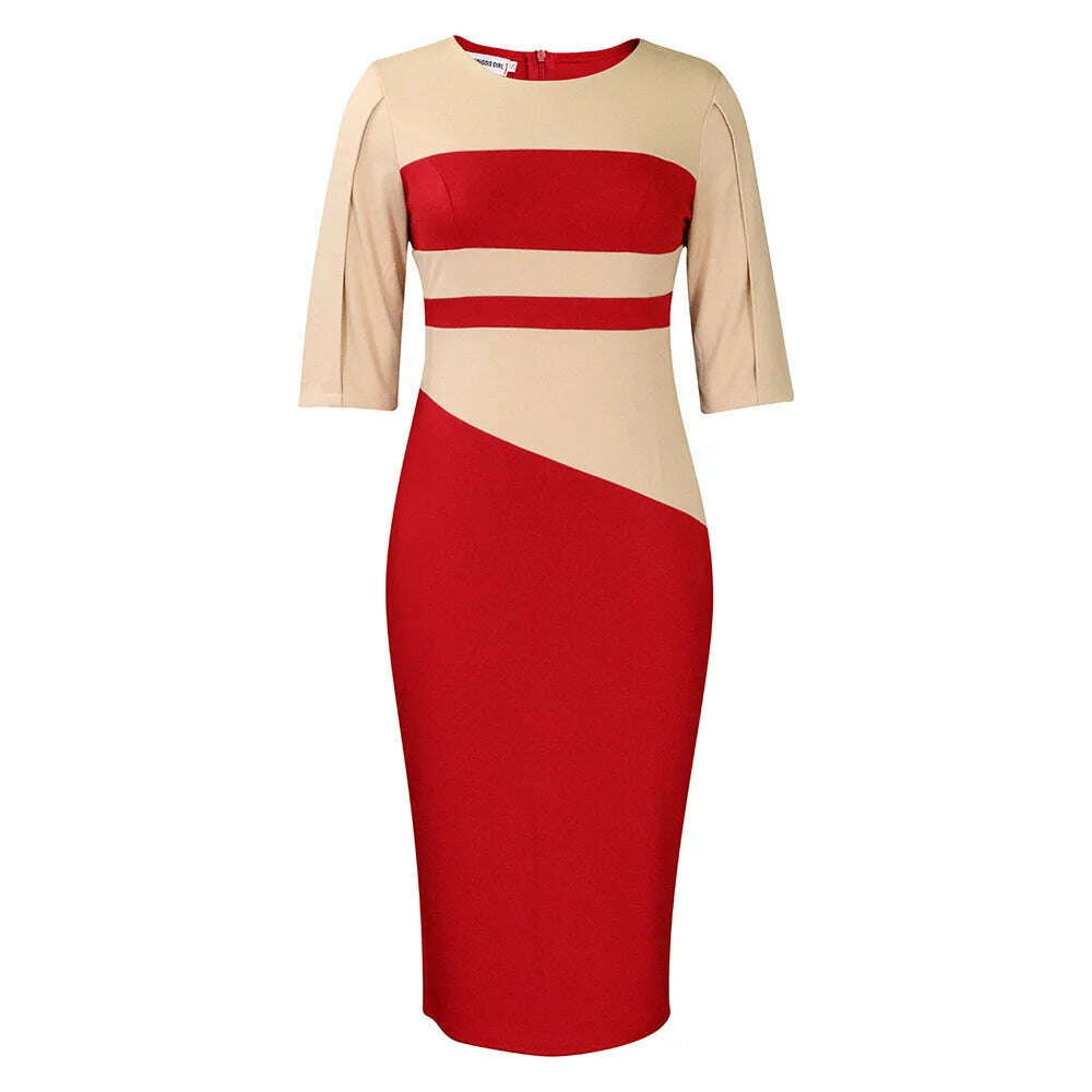 KIMLUD, Big size women 2024 new fashion temperament commuter five-quarter sleeve color matching buttock dress, Red / XXXL, KIMLUD APPAREL - Womens Clothes