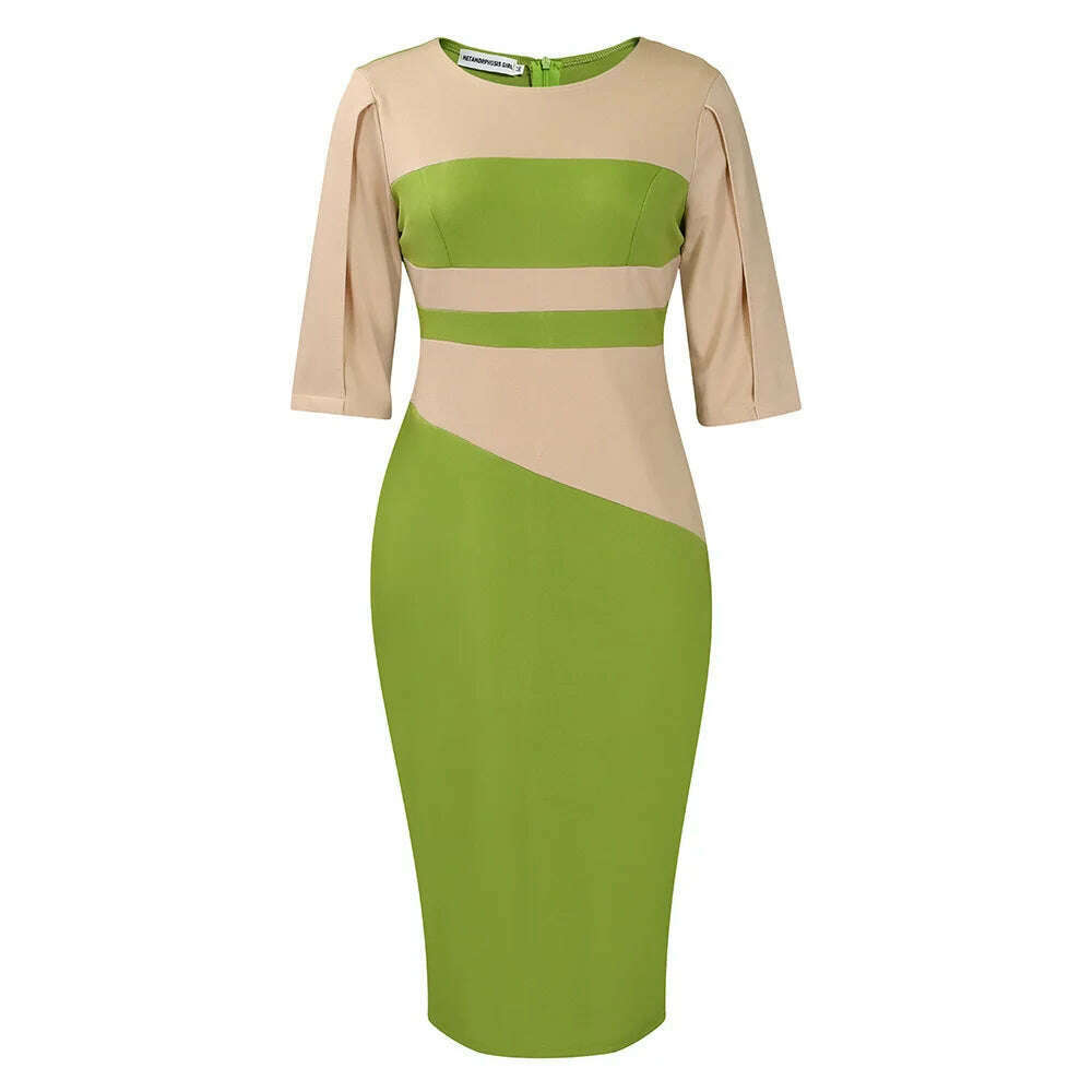 KIMLUD, Big size women 2024 new fashion temperament commuter five-quarter sleeve color matching buttock dress, Fluorescent Green / XL, KIMLUD APPAREL - Womens Clothes