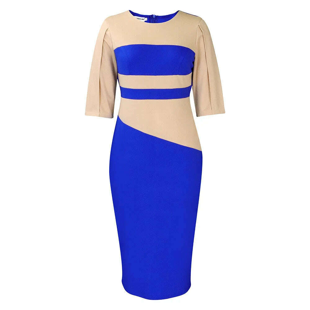 KIMLUD, Big size women 2024 new fashion temperament commuter five-quarter sleeve color matching buttock dress, ROYAL BLUE / S, KIMLUD APPAREL - Womens Clothes