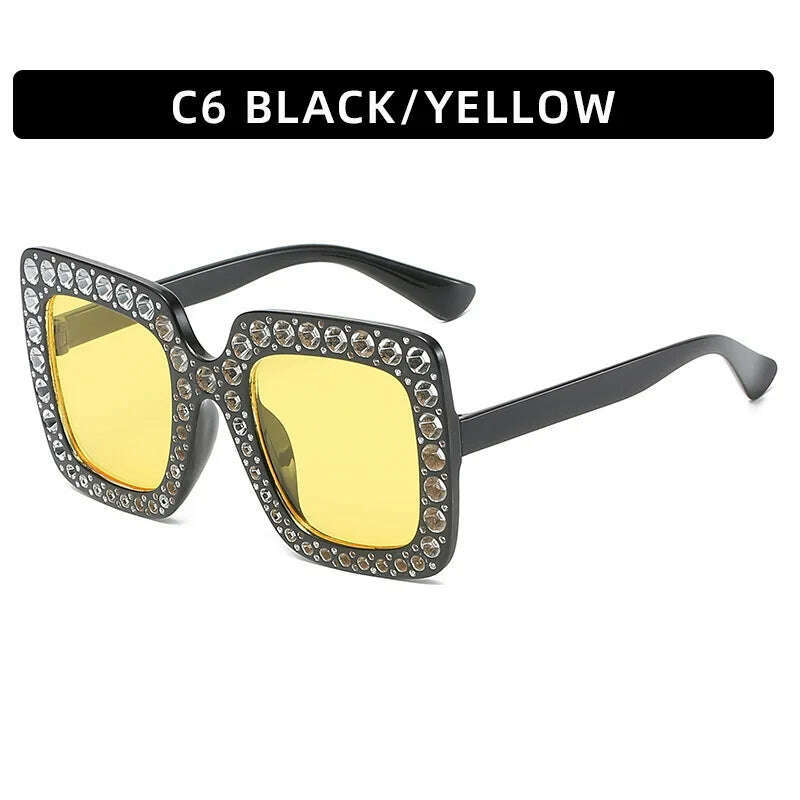 KIMLUD, Big Square Luxury Rhinestone Sunglasses Women Crystal Oversize Brand Designer Sun Glasses Vintage UV400 Female Oculos De Sol, Black yellow, KIMLUD APPAREL - Womens Clothes