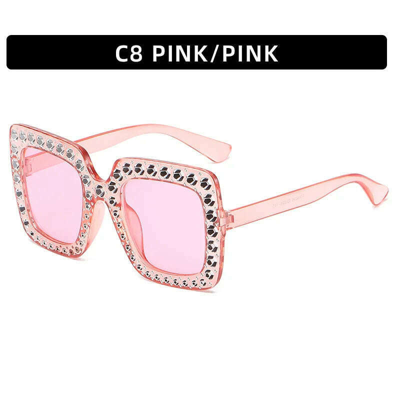 KIMLUD, Big Square Luxury Rhinestone Sunglasses Women Crystal Oversize Brand Designer Sun Glasses Vintage UV400 Female Oculos De Sol, Pink, KIMLUD APPAREL - Womens Clothes