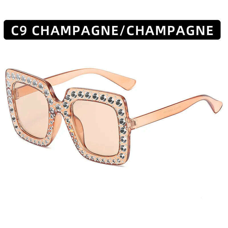 KIMLUD, Big Square Luxury Rhinestone Sunglasses Women Crystal Oversize Brand Designer Sun Glasses Vintage UV400 Female Oculos De Sol, Tea, KIMLUD APPAREL - Womens Clothes