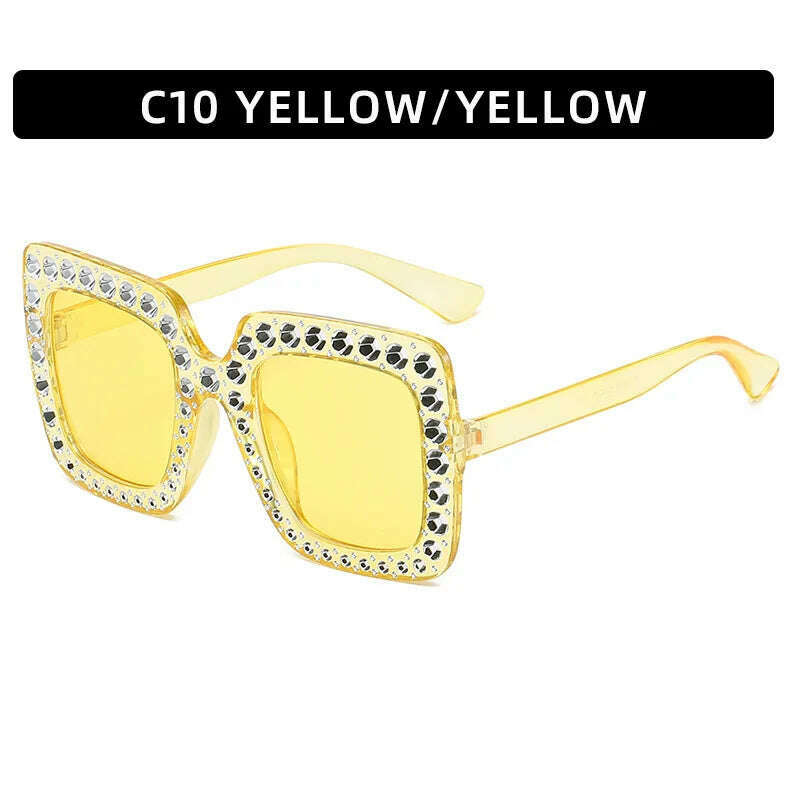 KIMLUD, Big Square Luxury Rhinestone Sunglasses Women Crystal Oversize Brand Designer Sun Glasses Vintage UV400 Female Oculos De Sol, Yellow, KIMLUD APPAREL - Womens Clothes