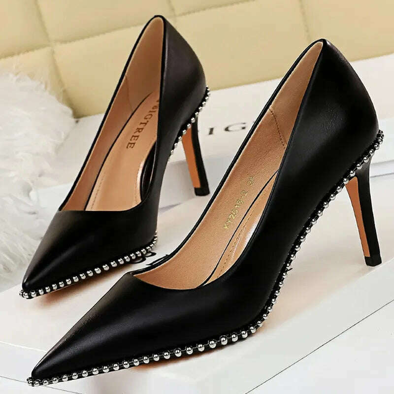 KIMLUD, BIGTREE Shoes Rivet Woman Pumps 2023 New High Heels Stiletto Pu Leather Women Heels Sexy Party Shoes Female Heel Plus Size 43, KIMLUD Womens Clothes