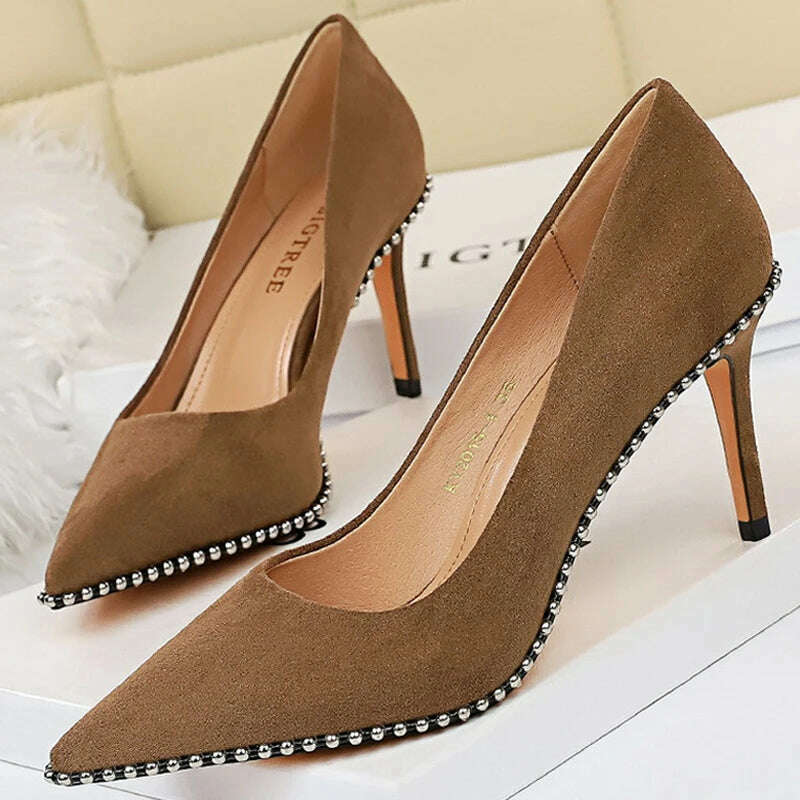 KIMLUD, BIGTREE Shoes Rivet Woman Pumps 2023 New High Heels Stiletto Pu Leather Women Heels Sexy Party Shoes Female Heel Plus Size 43, KIMLUD Womens Clothes