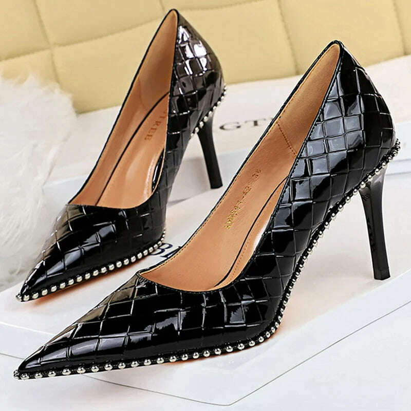 KIMLUD, BIGTREE Shoes Rivet Woman Pumps 2023 New High Heels Stiletto Pu Leather Women Heels Sexy Party Shoes Female Heel Plus Size 43, KIMLUD Womens Clothes