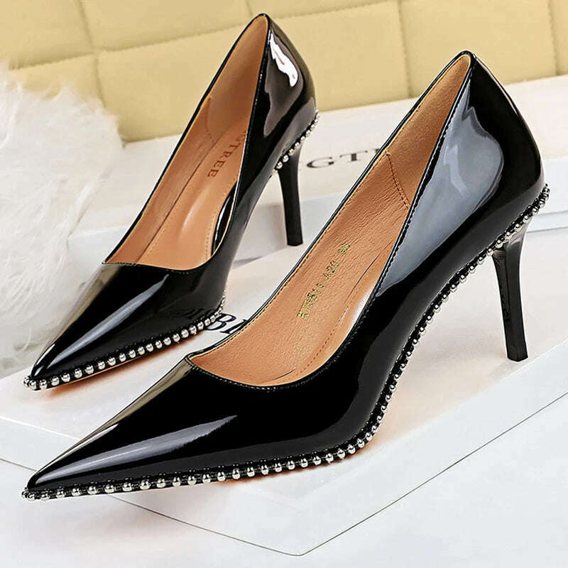 KIMLUD, BIGTREE Shoes Rivet Woman Pumps 2023 New High Heels Stiletto Pu Leather Women Heels Sexy Party Shoes Female Heel Plus Size 43, KIMLUD Womens Clothes