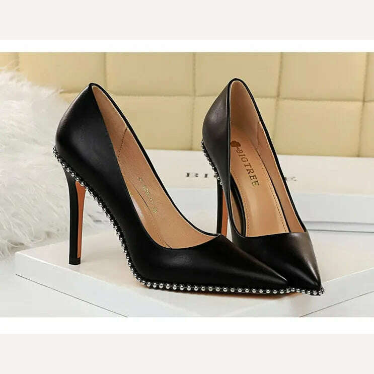 KIMLUD, BIGTREE Shoes Rivet Woman Pumps 2023 New High Heels Stiletto Pu Leather Women Heels Sexy Party Shoes Female Heel Plus Size 43, KIMLUD Womens Clothes